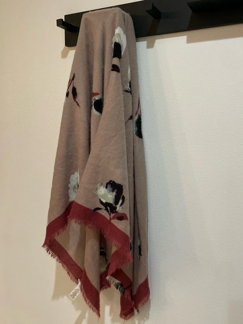 Maurices Taupe Scarf with White & Black Floral Motif and Red Trim